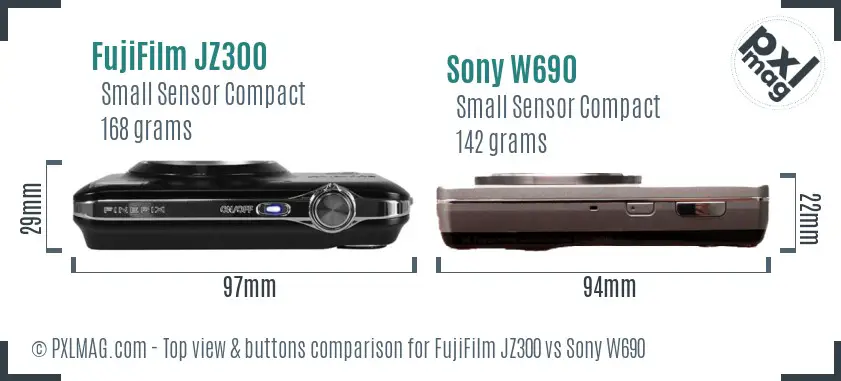 FujiFilm JZ300 vs Sony W690 top view buttons comparison FujiFilm JZ300 vs Sony W690 top view buttons comparison
