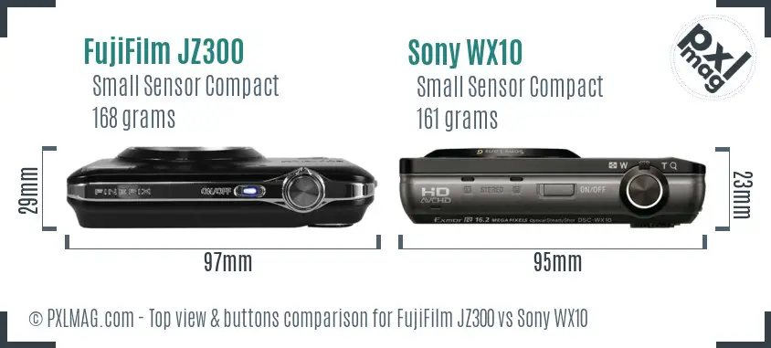 FujiFilm JZ300 vs Sony WX10 top view buttons comparison FujiFilm JZ300 vs Sony WX10 top view buttons comparison
