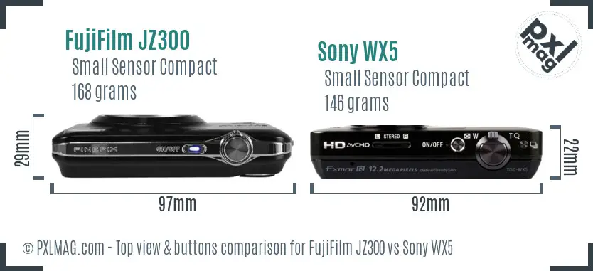 FujiFilm JZ300 vs Sony WX5 top view buttons comparison FujiFilm JZ300 vs Sony WX5 top view buttons comparison