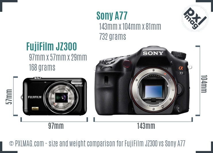 FujiFilm JZ300 vs Sony A77 size comparison