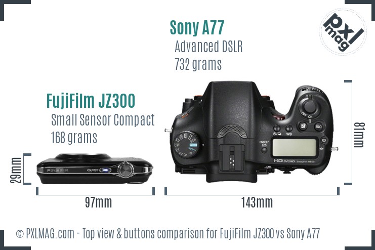FujiFilm JZ300 vs Sony A77 top view buttons comparison