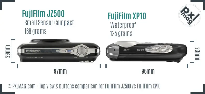 FujiFilm JZ500 vs FujiFilm XP10 top view buttons comparison FujiFilm JZ500 vs FujiFilm XP10 top view buttons comparison