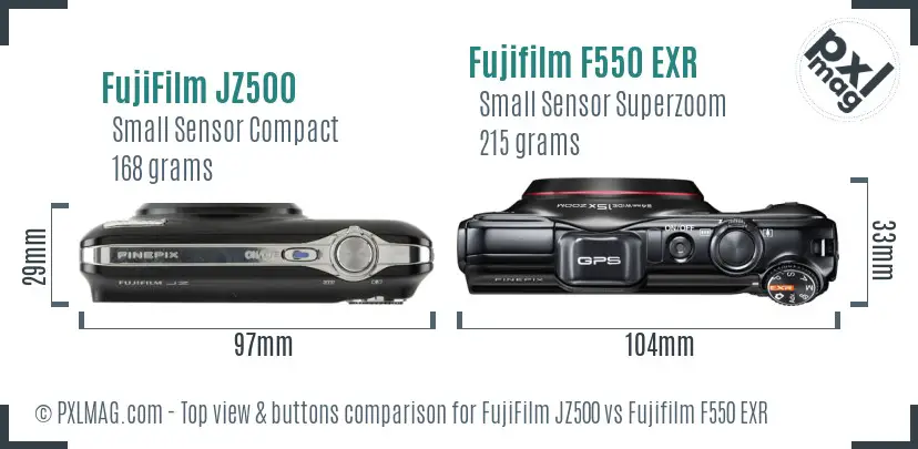 FujiFilm JZ500 vs Fujifilm F550 EXR top view buttons comparison