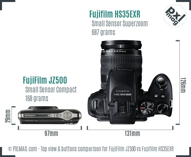 FujiFilm JZ500 vs Fujifilm HS35EXR top view buttons comparison FujiFilm JZ500 vs Fujifilm HS35EXR top view buttons comparison