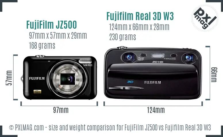 FujiFilm JZ500 vs Fujifilm Real 3D W3 size comparison