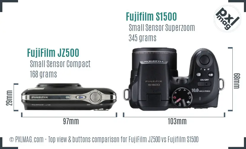 FujiFilm JZ500 vs Fujifilm S1500 top view buttons comparison