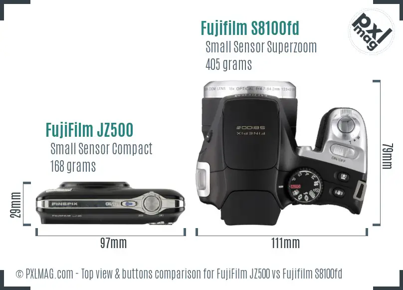 FujiFilm JZ500 vs Fujifilm S8100fd top view buttons comparison FujiFilm JZ500 vs Fujifilm S8100fd top view buttons comparison