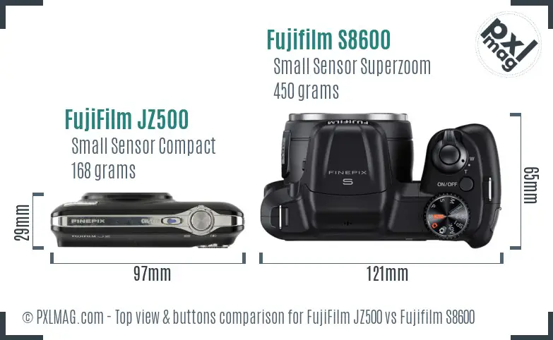FujiFilm JZ500 vs Fujifilm S8600 top view buttons comparison FujiFilm JZ500 vs Fujifilm S8600 top view buttons comparison