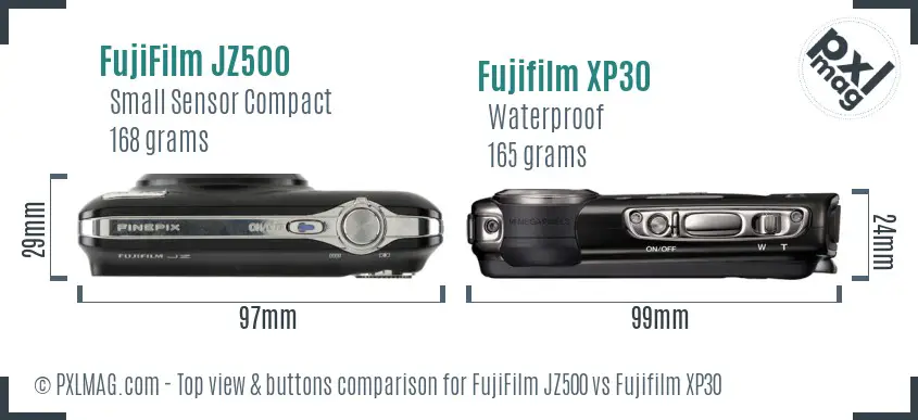 FujiFilm JZ500 vs Fujifilm XP30 top view buttons comparison
