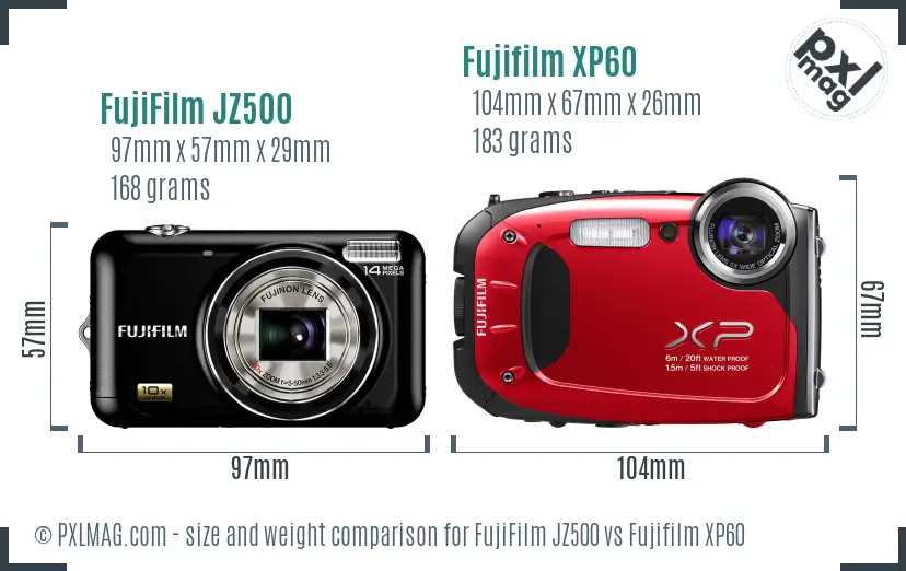 FujiFilm JZ500 vs Fujifilm XP60 size comparison