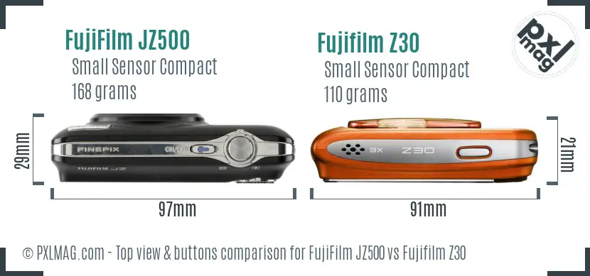 FujiFilm JZ500 vs Fujifilm Z30 top view buttons comparison