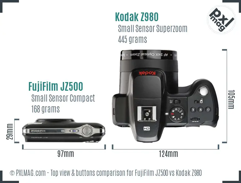 FujiFilm JZ500 vs Kodak Z980 top view buttons comparison FujiFilm JZ500 vs Kodak Z980 top view buttons comparison