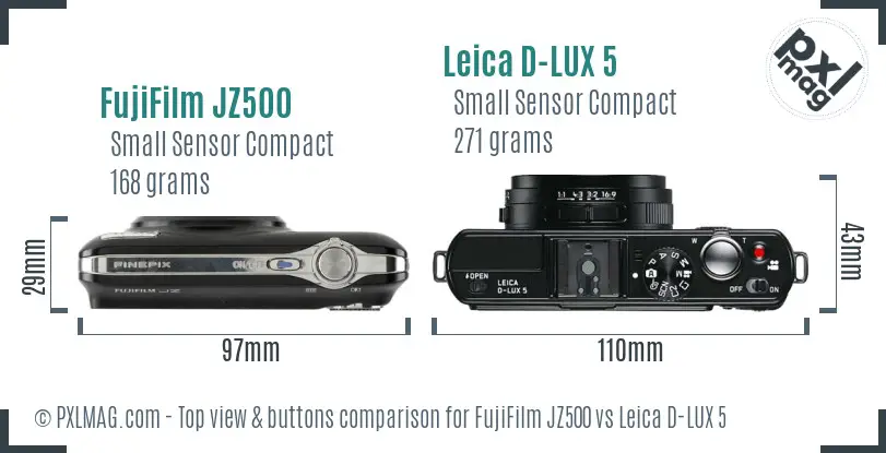 FujiFilm JZ500 vs Leica D-LUX 5 top view buttons comparison