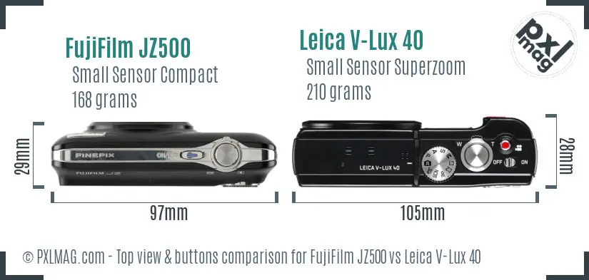 FujiFilm JZ500 vs Leica V-Lux 40 top view buttons comparison FujiFilm JZ500 vs Leica V-Lux 40 top view buttons comparison