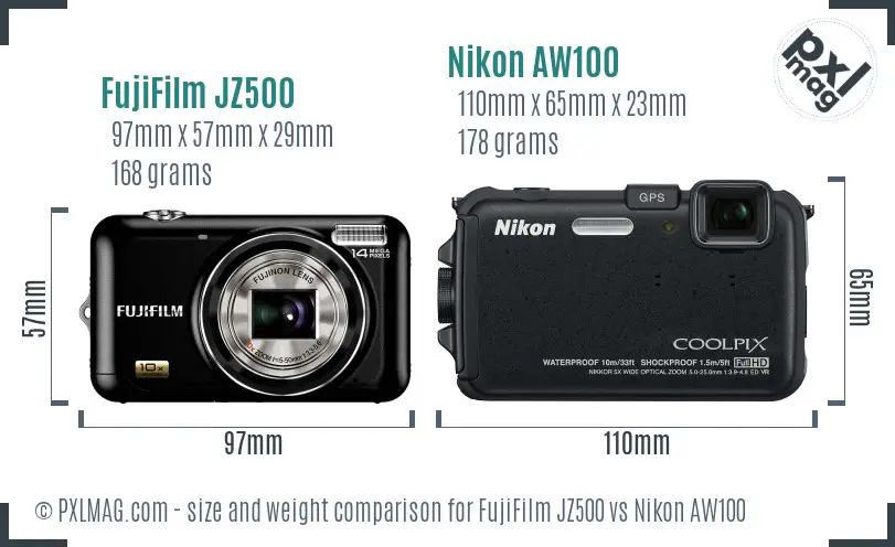 FujiFilm JZ500 vs Nikon AW100 size comparison FujiFilm JZ500 vs Nikon AW100 size comparison