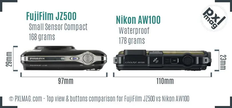 FujiFilm JZ500 vs Nikon AW100 top view buttons comparison FujiFilm JZ500 vs Nikon AW100 top view buttons comparison