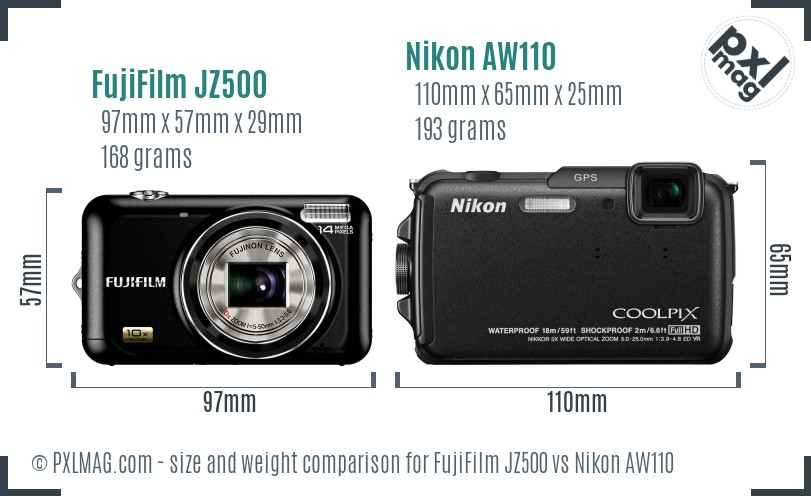 FujiFilm JZ500 vs Nikon AW110 size comparison