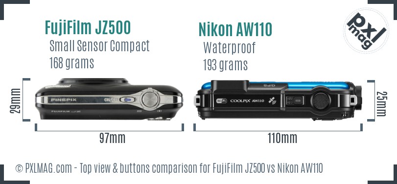 FujiFilm JZ500 vs Nikon AW110 top view buttons comparison