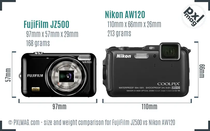 FujiFilm JZ500 vs Nikon AW120 size comparison FujiFilm JZ500 vs Nikon AW120 size comparison
