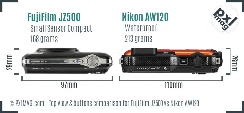 FujiFilm JZ500 vs Nikon AW120 top view buttons comparison FujiFilm JZ500 vs Nikon AW120 top view buttons comparison