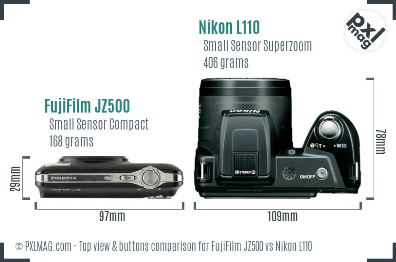 FujiFilm JZ500 vs Nikon L110 top view buttons comparison FujiFilm JZ500 vs Nikon L110 top view buttons comparison
