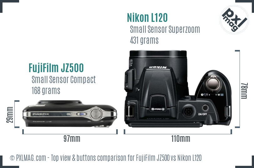 FujiFilm JZ500 vs Nikon L120 top view buttons comparison