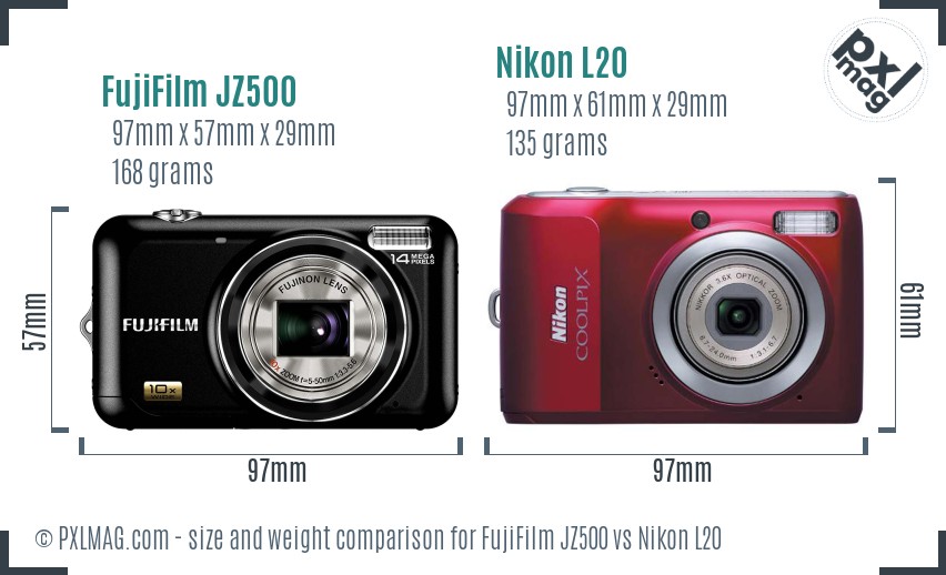 FujiFilm JZ500 vs Nikon L20 size comparison FujiFilm JZ500 vs Nikon L20 size comparison
