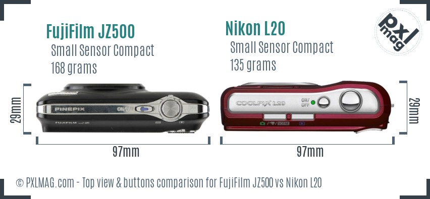 FujiFilm JZ500 vs Nikon L20 top view buttons comparison