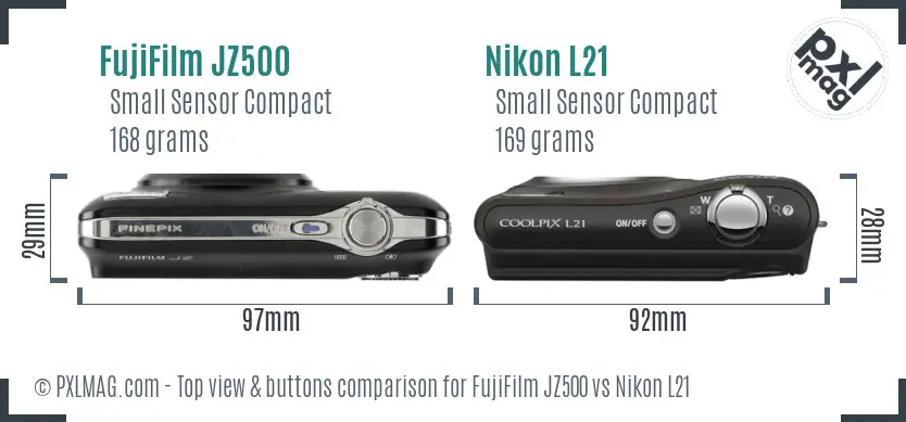 FujiFilm JZ500 vs Nikon L21 top view buttons comparison