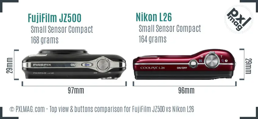 FujiFilm JZ500 vs Nikon L26 top view buttons comparison FujiFilm JZ500 vs Nikon L26 top view buttons comparison