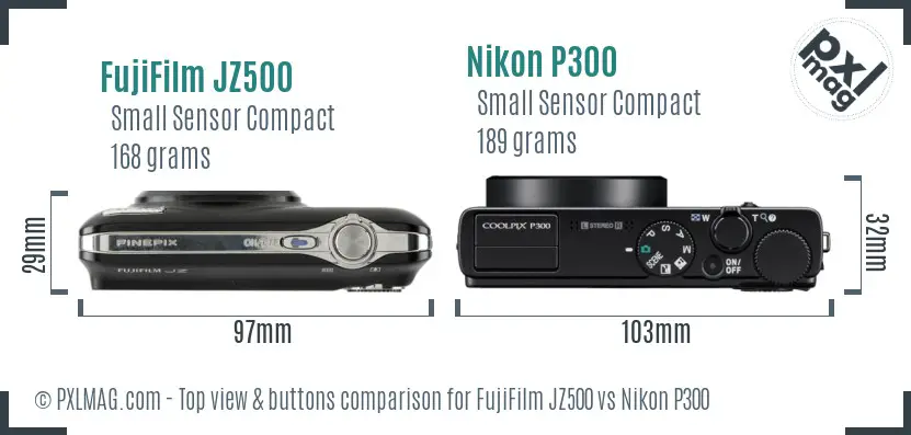 FujiFilm JZ500 vs Nikon P300 top view buttons comparison