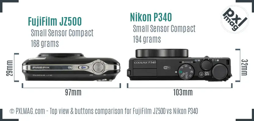 FujiFilm JZ500 vs Nikon P340 top view buttons comparison
