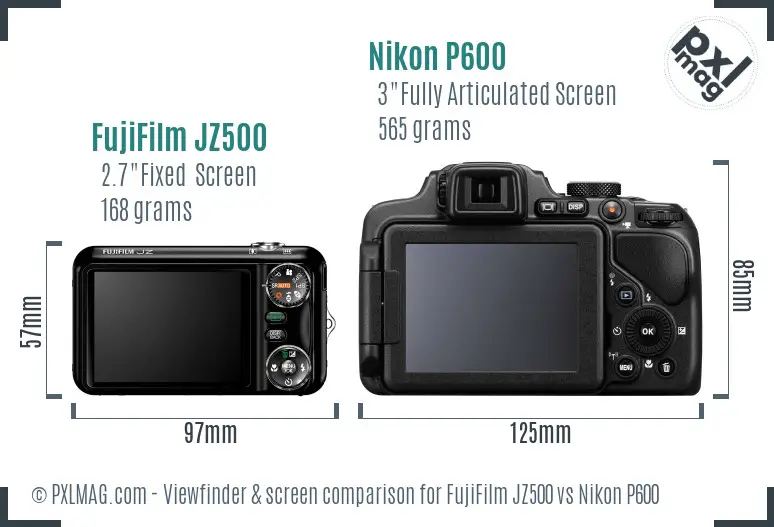 FujiFilm JZ500 vs Nikon P600 Screen and Viewfinder comparison