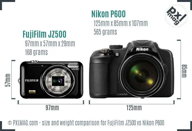 FujiFilm JZ500 vs Nikon P600 size comparison