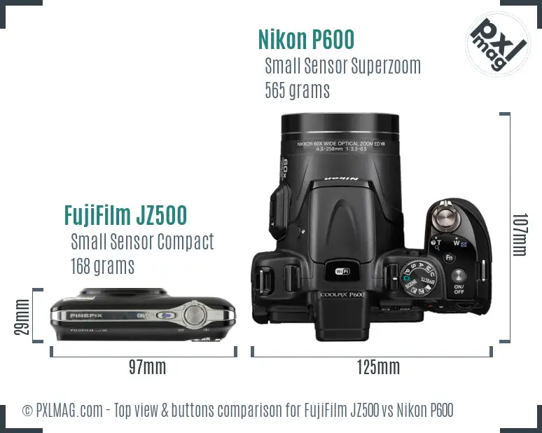 FujiFilm JZ500 vs Nikon P600 top view buttons comparison