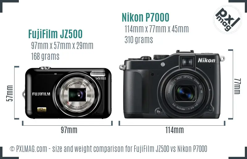 FujiFilm JZ500 vs Nikon P7000 size comparison