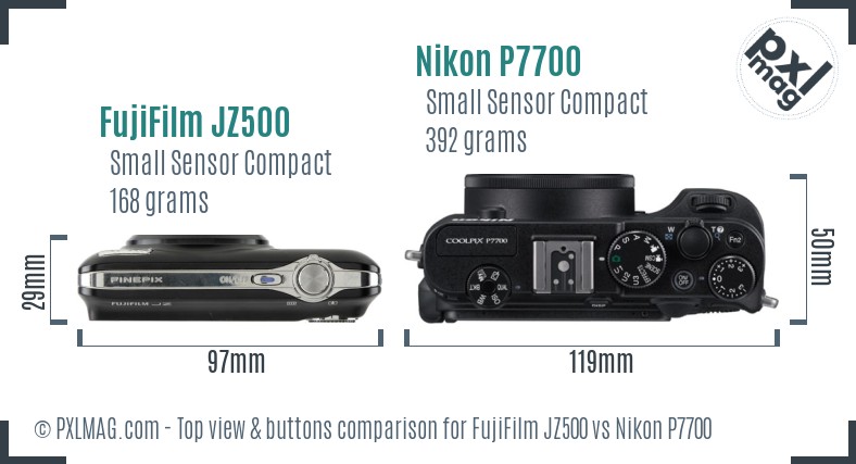 FujiFilm JZ500 vs Nikon P7700 top view buttons comparison