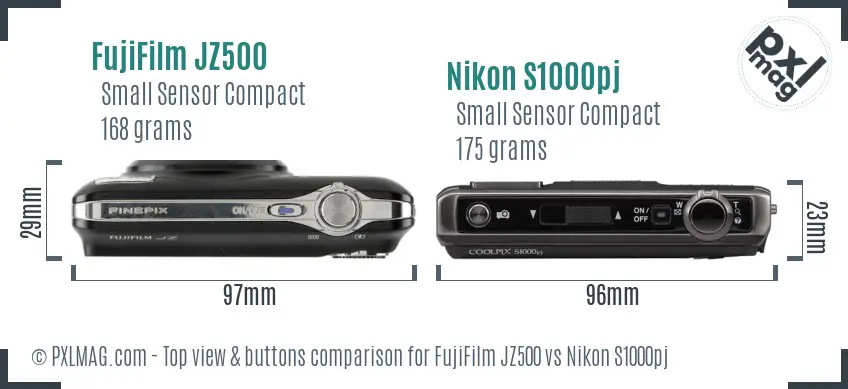 FujiFilm JZ500 vs Nikon S1000pj top view buttons comparison