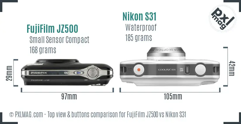 FujiFilm JZ500 vs Nikon S31 top view buttons comparison