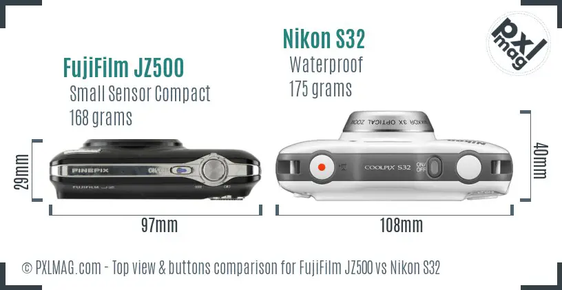 FujiFilm JZ500 vs Nikon S32 top view buttons comparison