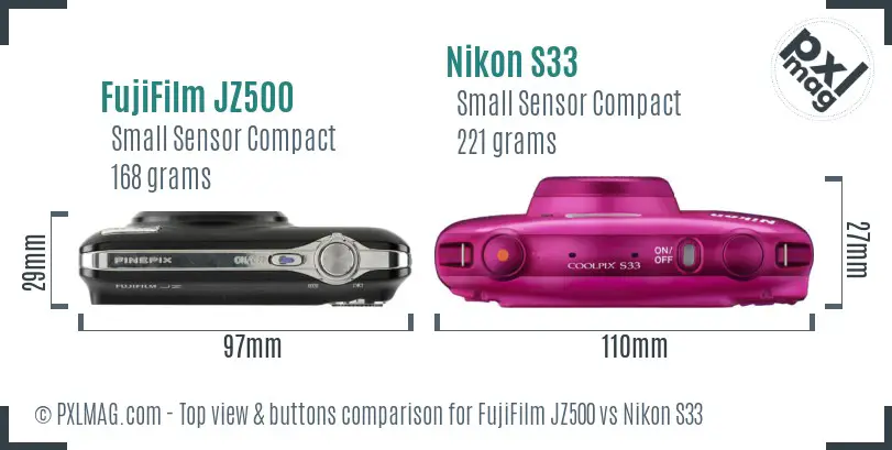 FujiFilm JZ500 vs Nikon S33 top view buttons comparison