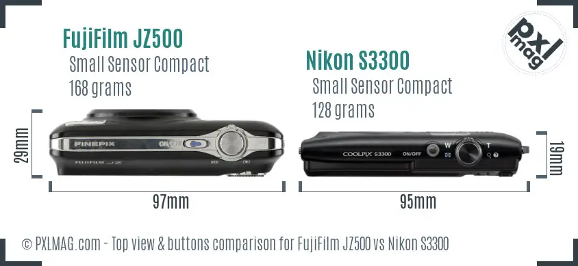 FujiFilm JZ500 vs Nikon S3300 top view buttons comparison