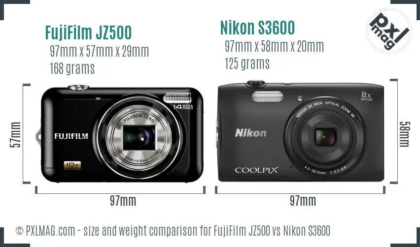 FujiFilm JZ500 vs Nikon S3600 size comparison