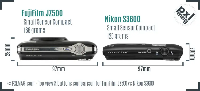 FujiFilm JZ500 vs Nikon S3600 top view buttons comparison