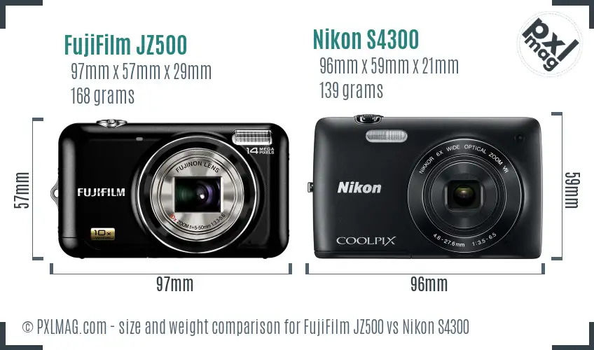 FujiFilm JZ500 vs Nikon S4300 size comparison