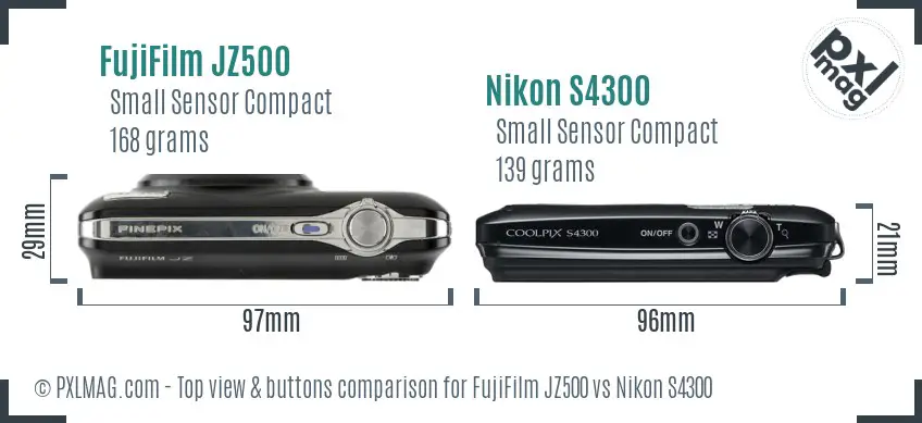 FujiFilm JZ500 vs Nikon S4300 top view buttons comparison