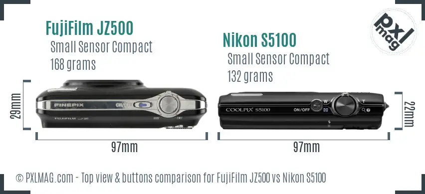 FujiFilm JZ500 vs Nikon S5100 top view buttons comparison FujiFilm JZ500 vs Nikon S5100 top view buttons comparison