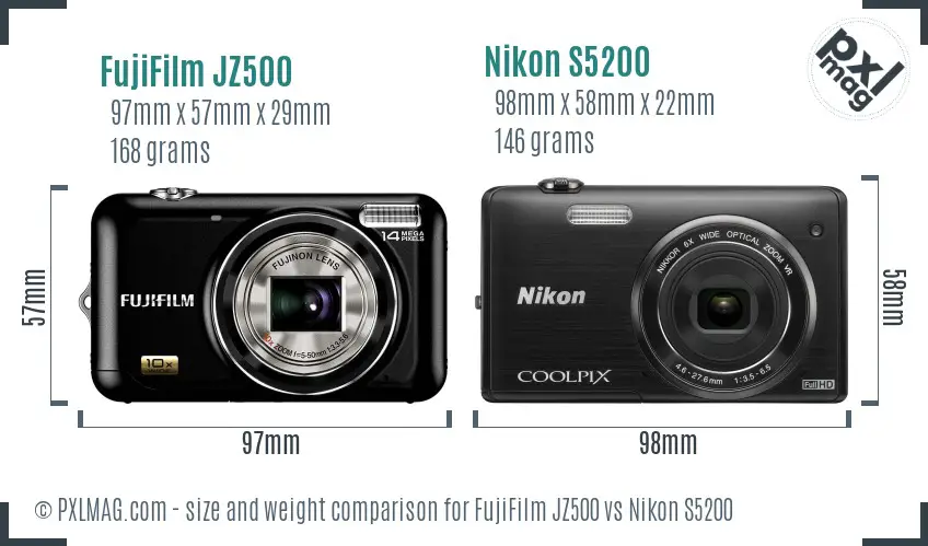 FujiFilm JZ500 vs Nikon S5200 size comparison FujiFilm JZ500 vs Nikon S5200 size comparison