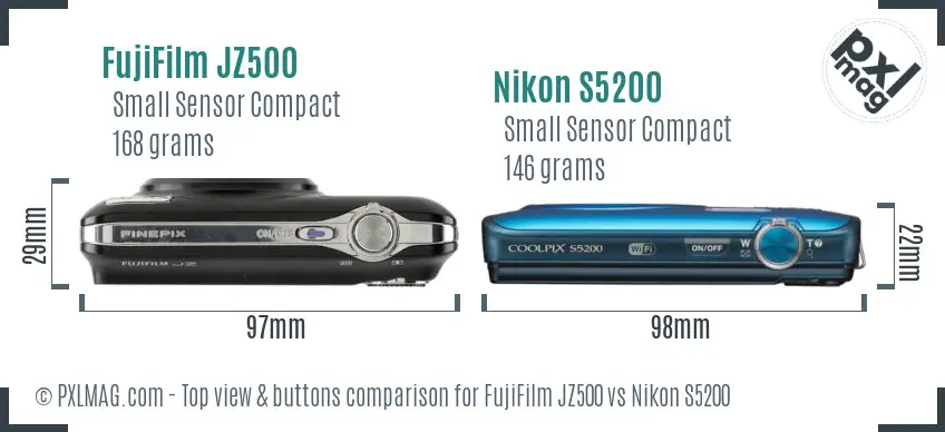 FujiFilm JZ500 vs Nikon S5200 top view buttons comparison FujiFilm JZ500 vs Nikon S5200 top view buttons comparison