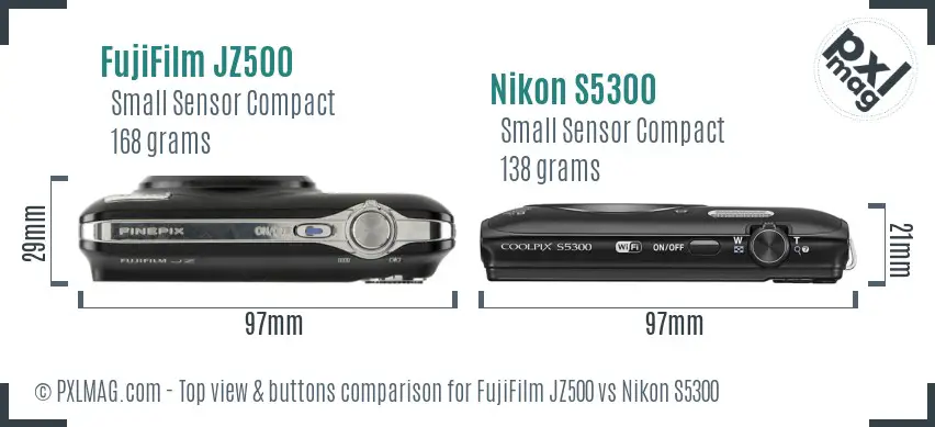 FujiFilm JZ500 vs Nikon S5300 top view buttons comparison
